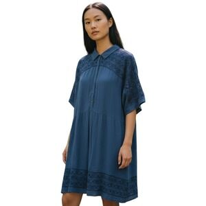 WRAP Womens Dress Sz 12‎ Navy Embroidered Crepe Shirt Short Sleeve Boho Relaxed